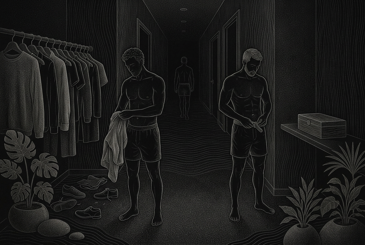 Men undressing in a dim loft hallway with a clothing rail and a closed box for phones