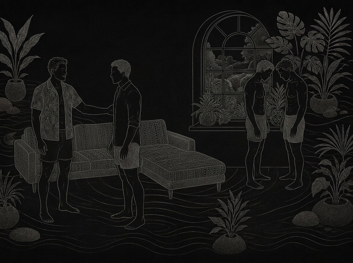 A host greeting an arriving guest near a lounge sofa while two other men talk by a window
