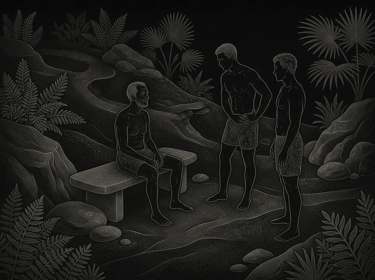 Two men in a dark room speaking with a host seated on a low bench