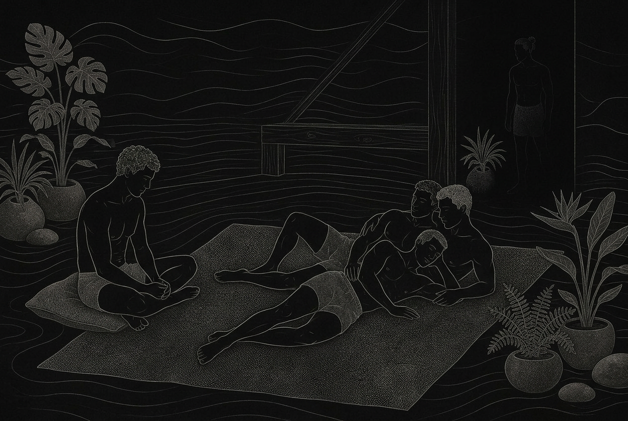Men reclining on floor mats in a dark loft, one sitting apart
